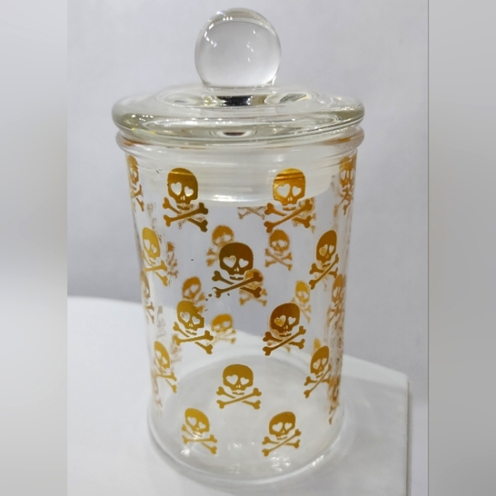 Vintage Gold Skull Cross Bone Glass Jar Poison Barware Stash Container with Top